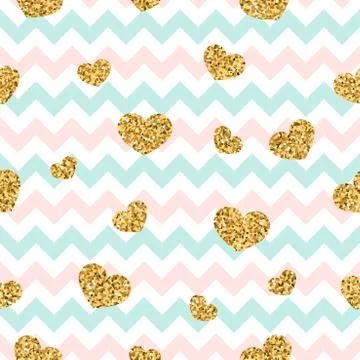 Gold heart seamless pattern. Pink-blue-white geometric zig zag, golden confet Stock Illustration
