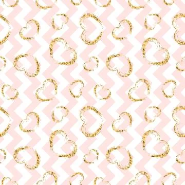 Gold heart seamless pattern. Pink-white geometric zig zag, golden grunge conf Stock Illustration