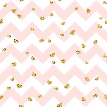 Gold heart seamless pattern. Pink-white geometric zig zag, golden confetti-he Stock Illustration