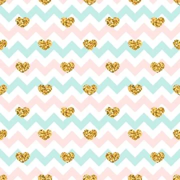 Gold heart seamless pattern. Pink-blue-white geometric zig zag, golden confet Stock Illustration