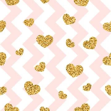 Gold heart seamless pattern. Pink-white geometric zig zag, golden confetti-he Stock Illustration