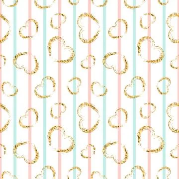 Gold heart seamless pattern. Pink-blue-white geometric stripes, golden grunge Stock Illustration