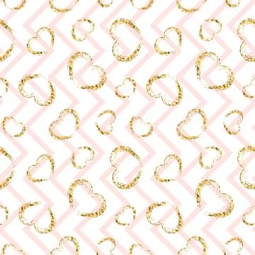 Gold heart seamless pattern. Pink-white geometric zig zag, golden grunge conf Stock Illustration