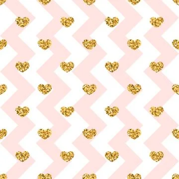 Gold heart seamless pattern. Pink-white geometric zig zag, golden confetti-he 스톡 일러스트