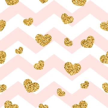 Gold heart seamless pattern. Pink-white geometric zig zag, golden confetti-he Stock Illustration