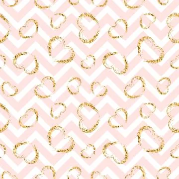 Gold heart seamless pattern. Pink-white geometric zig zag, golden grunge conf イラスト素材