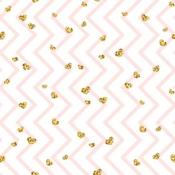 Gold heart seamless pattern. Pink-white geometric zig zag, golden confetti-he Stock Illustration
