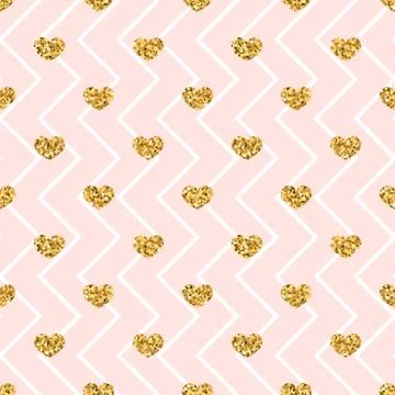 Gold heart seamless pattern. Pink-white geometric zig zag, golden confetti-he Stock Illustration