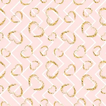 Gold heart seamless pattern. Pink-white geometric zig zag, golden grunge conf 스톡 일러스트