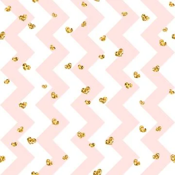 Gold heart seamless pattern. Pink-white geometric zig zag, golden confetti-he Stock Illustration