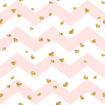 Gold heart seamless pattern. Pink-white geometric zig zag, golden confetti-he Stock Illustration