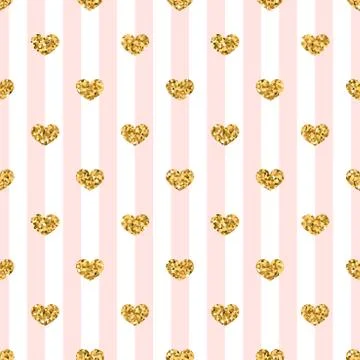 Gold heart seamless pattern. Pink-white geometric stripes, golden confetti-he Stock Illustration