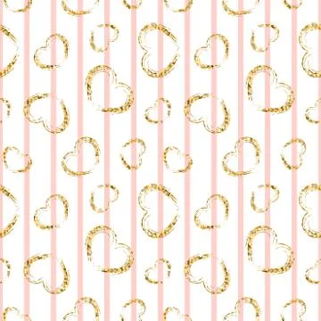 Gold heart seamless pattern. Pink-white geometric stripes, golden grunge conf Stock Illustration