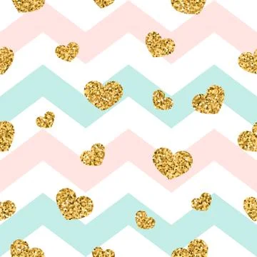 Gold heart seamless pattern. Pink-blue-white geometric zig zag, golden confet 스톡 일러스트