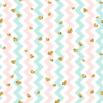 Gold heart seamless pattern. Pink-blue-white geometric zig zag, golden confet イラスト素材