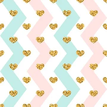 Gold heart seamless pattern. Pink-blue-white geometric zig zag, golden confet Stock Illustration