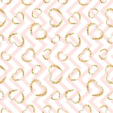 Gold heart seamless pattern. Pink-white geometric zig zag, golden grunge conf Stock Illustration