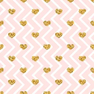 Gold heart seamless pattern. Pink-white geometric zig zag, golden confetti-he 스톡 일러스트