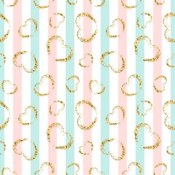 Gold heart seamless pattern. Pink-blue-white geometric stripes, golden grunge Stock Illustration