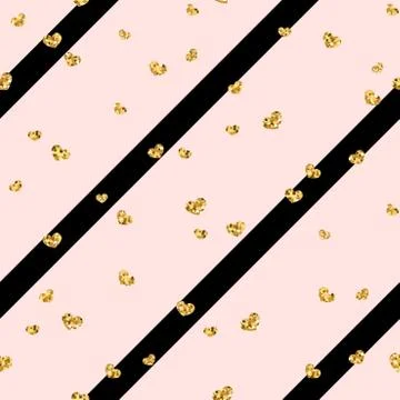 Gold heart seamless pattern. Pink-black geometric stripes, golden confetti-he Illustrazione stock