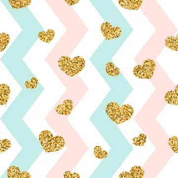 Gold heart seamless pattern. Pink-blue-white geometric zig zag, golden confet Stock Illustration
