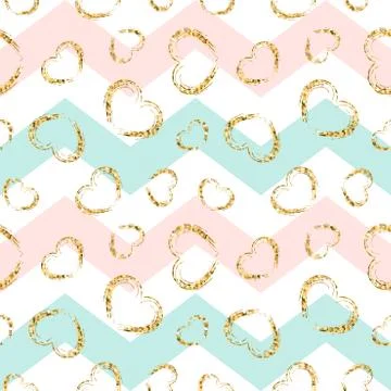 Gold heart seamless pattern. Pink-blue-white geometric zig zag, golden grunge Stock Illustration
