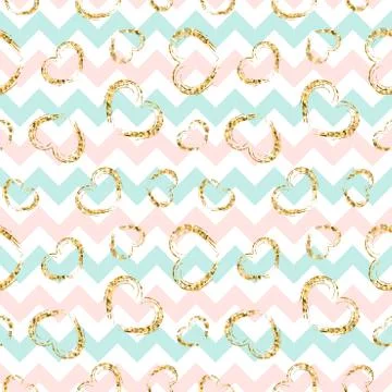 Gold heart seamless pattern. Pink-blue-white geometric zig zag, golden grunge Stock Illustration