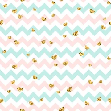 Gold heart seamless pattern. Pink-blue-white geometric zig zag, golden confet Illustrazione stock