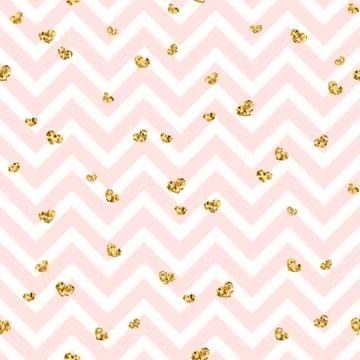 Gold heart seamless pattern. Pink-white geometric zig zag, golden confetti-he イラスト素材