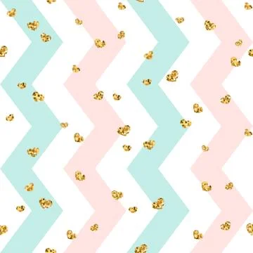 Gold heart seamless pattern. Pink-blue-white geometric zig zag, golden confet Stock Illustration