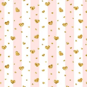 Gold heart seamless pattern. Pink-white geometric stripes, golden confetti-he Stock Illustration