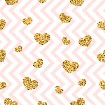 Gold heart seamless pattern. Pink-white geometric zig zag, golden confetti-he Stock Illustration
