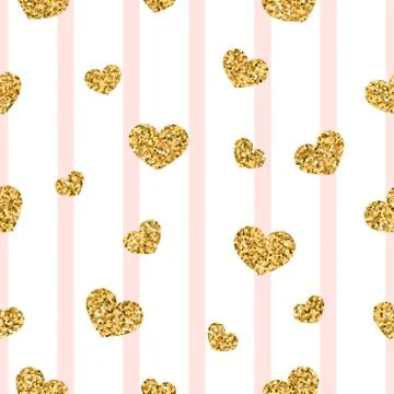 Gold heart seamless pattern. Pink-white geometric stripes, golden confetti-he Stock Illustration