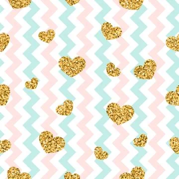 Gold heart seamless pattern. Pink-blue-white geometric zig zag, golden confet Stock Illustration