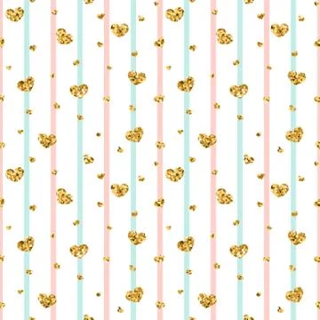 Gold heart seamless pattern. Pink-blue-white geometric stripes, golden confet Stock Illustration