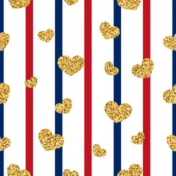 Gold heart seamless pattern. Red-blue-white geometric stripes, golden confett Illustrazione stock