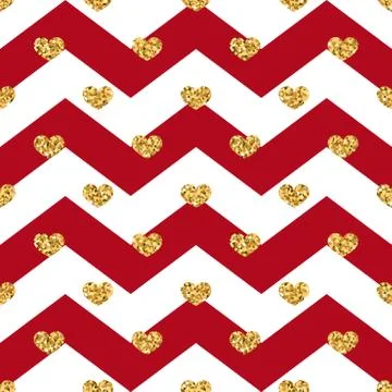 Gold heart seamless pattern. Red-white geometric zig zag, golden confetti-hea Stock Illustration