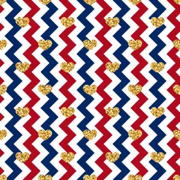 Gold heart seamless pattern. Red-blue-white geometric zig zag, golden confett Stock Illustration