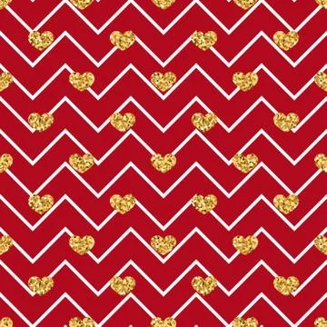 Gold heart seamless pattern. Red-white geometric zig zag, golden confetti-hea Stock Illustration