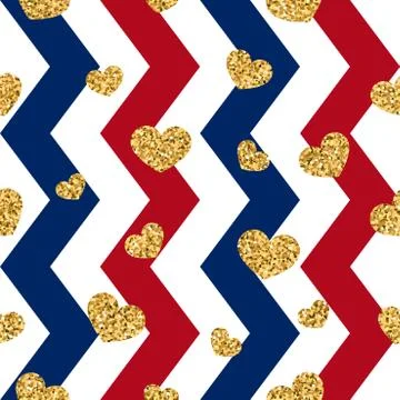 Gold heart seamless pattern. Red-blue-white geometric zig zag, golden confett 스톡 일러스트