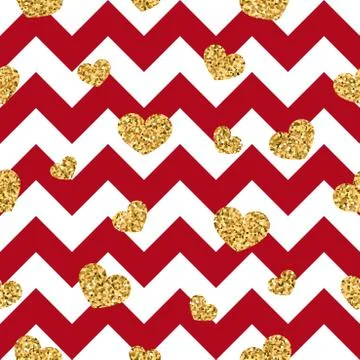 Gold heart seamless pattern. Red-white geometric zig zag, golden confetti-hea イラスト素材
