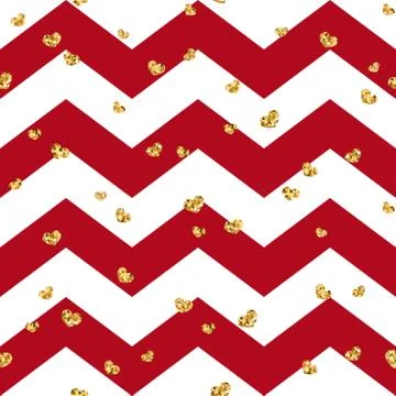 Gold heart seamless pattern. Red-white geometric zig zag, golden confetti-hea Stock Illustration