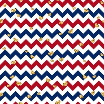 Gold heart seamless pattern. Red-blue-white geometric zig zag, golden confett Illustrazione stock