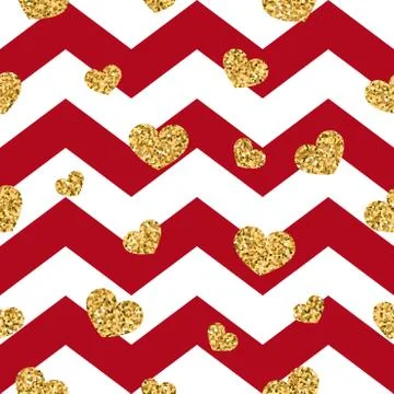 Gold heart seamless pattern. Red-white geometric zig zag, golden confetti-hea Stock Illustration
