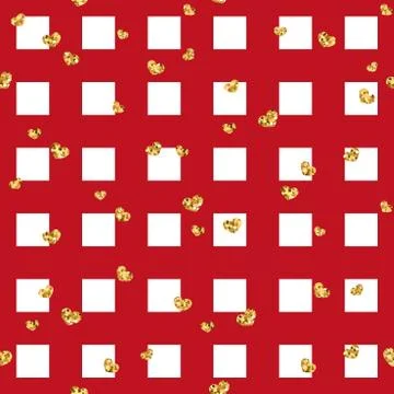 Gold heart seamless pattern. Red-white geometric square, golden confetti-hear Stock Illustration