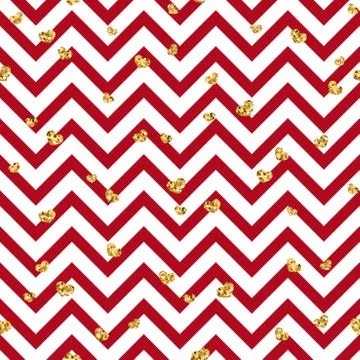 Gold heart seamless pattern. Red-white geometric zig zag, golden confetti-hea Stock Illustration