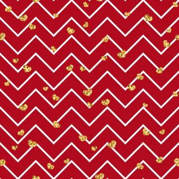 Gold heart seamless pattern. Red-white geometric zig zag, golden confetti-hea Illustrazione stock