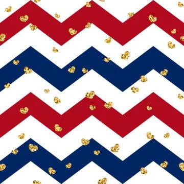 Gold heart seamless pattern. Red-blue-white geometric zig zag, golden confett 스톡 일러스트