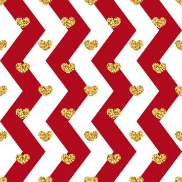 Gold heart seamless pattern. Red-white geometric zig zag, golden confetti-hea Stock Illustration