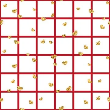 Gold heart seamless pattern. Red-white geometric square, golden confetti-hear Stock Illustration